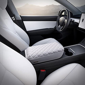 Padded and Quilted Armrest Cushion Cover for Tesla Model 3 & Y (White)