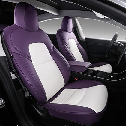 Tesla Model 3 Car Seat Cover Full Set PU Leather Car Seats Protection for Tesla Model 3 2017 2018 2019 2020 2021 2022(Purple+White-PU,Model 3(12 Pcs))