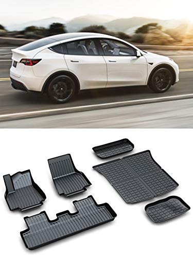 All Weather Full Set of TPE Floor Mats and Rear Trunk Cargo Tray for Tesla Model Y 2020 and 2021 - All Versions Flexible & Eco-Friendly Latex Material Waterproof Protection Mat (Set of 6)