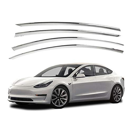 Side Window Vent Visor 4 Piece Set for Tesla Model 3 2017~2021/Safe RAIN Out-Channel Guard Deflector (Chrome)