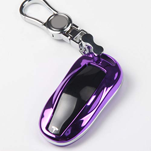 Tesla Model S Key Fob Case, Premium TPU Remote Control Smart Key Fob Holder Key case Flip Key Protection with Key Chain (Purple)