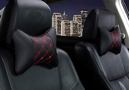 Car Neck Pillows Both Side Pu Leather 2pieces Pack Headrest Fit for Most Cars Filled Fiber Universal Car Pillow (Black&Red)
