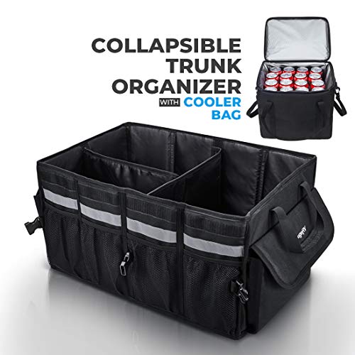 Tesla Trunk Organizer with Insulation Cooler Bag, Foldable Cargo Storage, Heavy Duty Collapsible Trunk Storage Fits for Tesla Model 3/Sedan/SUV/Van (2 Compartments, Black)