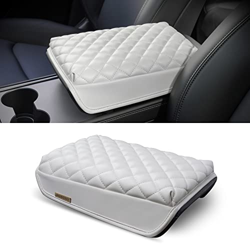 Padded and Quilted Armrest Cushion Cover for Tesla Model 3 & Y (White)