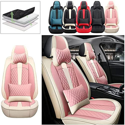 Front Seat Covers with Headrest Backrest Cushions for Chevy Chevrolet Bolt EV EUV Car Seat Cover Luxury PU Leather Comfortable Stylish Pink×Beige