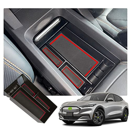 Center Console Organizer Tray for 2021+ Mustang Mach-E Armrest Box Organizer Secondary Storage Glove Box for Latest Mustang Interior Accessories with USB Hole and Coin Holder (Red)