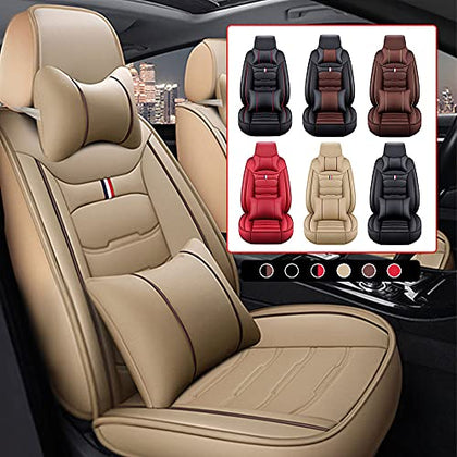 Car Seat Cover Fit for Audi Q2 Q3 Q5 Q7 TT R8 RS e-tron Faux Leather Front Rear 5-seat Covers Non-Slip Waterproof Deluxe Edition (Beige)