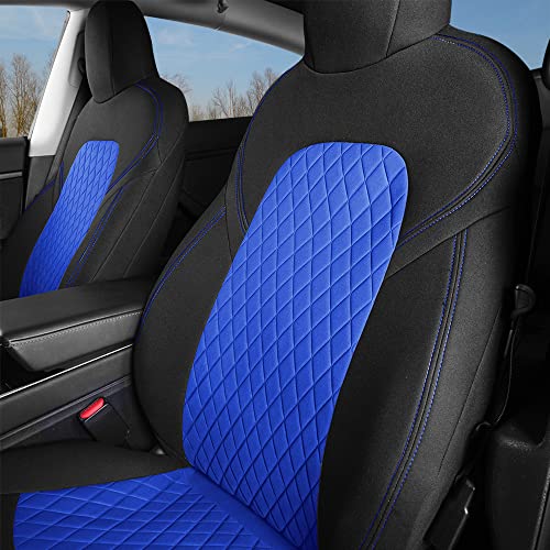 Front Custom Fit Two Tone Black/Blue with Quilted Design Fully Wrapped Fabric Cloth Seat Covers for 2017-2022 Tesla Model 3 & Model Y (2 Pieces)