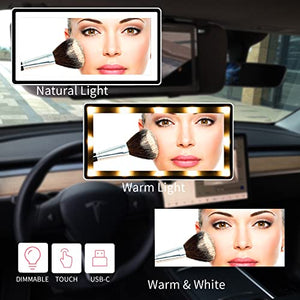 Tesla Car Vanity Mirror with Lights,Tesla Model 3/Y Accessories,Car Makeup Mirror with USB Rechargeable and Dimmable,Touch Screen Travel Makeup Mirror for Universal Car