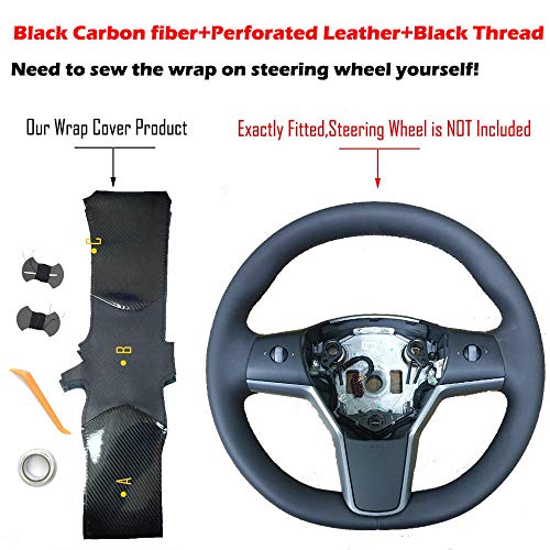 Black Perforated Leather & Carbon Fiber Auto Steering Wheel Cover Hand-Stitch on Wrap Fit for Tesla Model 3/Tesla Model Y