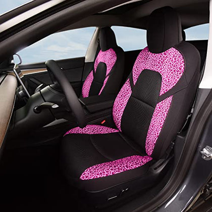 Front Custom Fit Two Tone Black/Pink Leopard Print Fully Wrapped Fabric Cloth Seat Covers for 2017-2022 Tesla Model 3 & Model Y (2 Pieces)