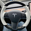 White Leather & Carbon Fiber Steering Wheel Cover Hand-Stitch on Wrap Fit for Tesla Model 3 & Y