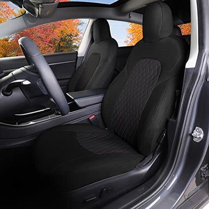 Front Car Seat Covers Custom Fit for Tesla Model 3/Model Y Car Seat Protector 2PCS, Fully Wrapped Farbic Cloth Seat Cover Set for Tesla Model 3/Y2017 2018 2019 2020 2021, Solid Black