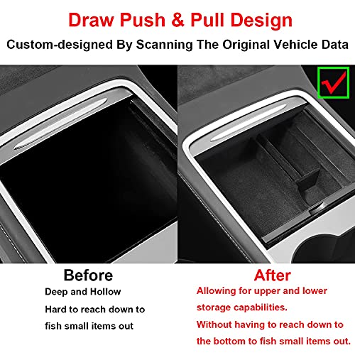 Center Console Organizer Tray 3PCS For 2021 2022 Tesla Model 3 Model Y Interior Accessories Flocked Center Console Organizer With Armrest Hidden Cubby Drawer Storage Box ABS Material Custom Fit Upgrade