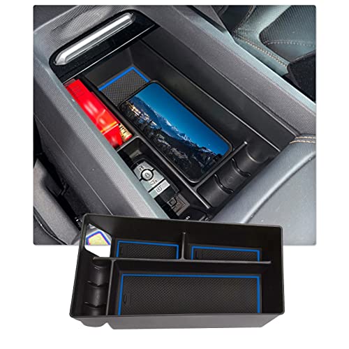 Center Console Organizer Tray for 2021+ Mustang Mach-E Armrest Box Organizer Secondary Storage Glove Box for Latest Mustang Interior Accessories with USB Hole and Coin Holder (Blue)