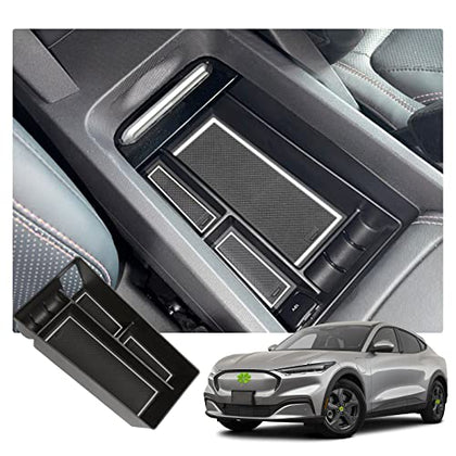 Center Console Organizer Tray for 2021+ Mustang Mach-E Armrest Box Organizer Secondary Storage Glove Box for Latest Mustang Interior Accessories with USB Hole and Coin Holder (White)