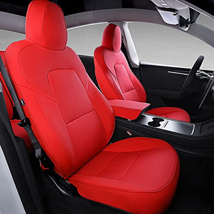 PU Leather & Tailored Fit All Season Seat Cover Set for Tesla Model Y 2020-2022 (Red, Fully Wrapped)