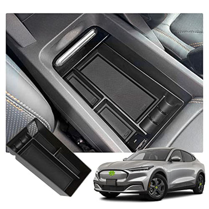 Center Console Organizer Tray for 2021+ Mustang Mach-E Armrest Box Organizer Secondary Storage Glove Box for Latest Mustang Interior Accessories with USB Hole and Coin Holder (Black)