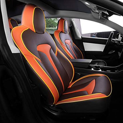 Model 3 Car Seat Cover PU Leather Cover All Season Protection for Tesla Model 3 2017-2020 （Orange + brown)