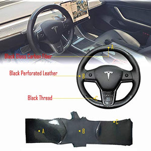Black Perforated Leather & Carbon Fiber Auto Steering Wheel Cover Hand-Stitch on Wrap Fit for Tesla Model 3/Tesla Model Y