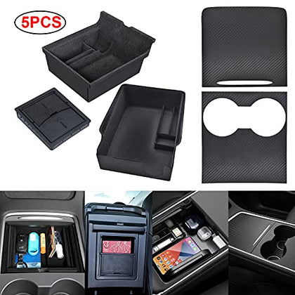5PCS Center Console Wrap Organizer Tray For 2021 Tesla Model 3 Model Y Flocked Organizer Carbon Fiber Center Console Sticker Armrest Hidden Cubby Drawer Storage Box ABS Material Custom Fit Upgrade
