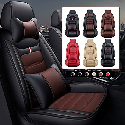 Car Seat Cover Fit for Audi Q2 Q3 Q5 Q7 TT R8 RS e-tron Faux Leather Front Rear 5-seat Covers Non-Slip Waterproof Deluxe Edition (Balck-Coffee)