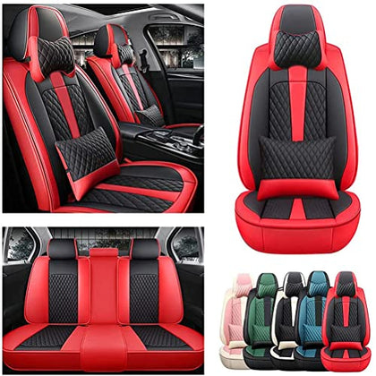 Front & Rear Seat Covers with Headrest Backrest Cushions for Chevy Chevrolet Bolt EV EUV Car Seat Cover Luxury PU Leather Comfortable Stylish Black×Red