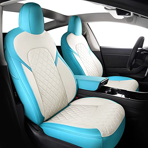 Seat Covers for Tesla Model 3 Faux Leather Seat Protector Fully Wrapped Custom Fit for Model 3 2017 2018 2019 2020 2021 All Season (Tiffany & White, Model 3)…