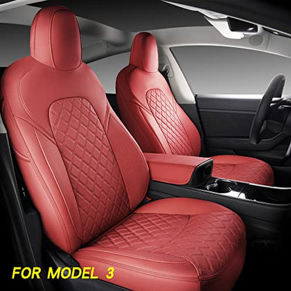 Full Coverage Tailor Fit Faux Leather Custom Seat Covers Fit for Tesla Model 3 (Model 3-Wine Red)
