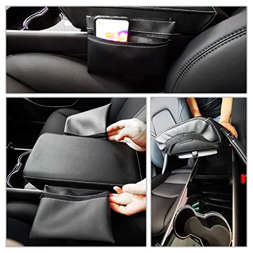 Center Console Cover Armrest Pad Cover with Storage Pockets for Tesla Model 3 2018 2019 2020, Arm Rest Lid Cover Console Pad Scratch Resistance (Black with 2 Pouches)