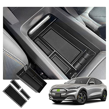 Center Console Organizer Tray for 2021+ Mustang Mach-E Armrest Box Organizer Secondary Storage Glove Box for Latest Mustang Interior Accessories with USB Hole and Coin Holder (Black+White)