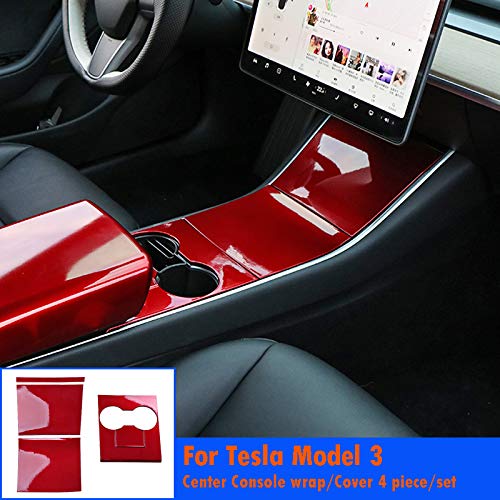 Tesla Model 3 Center Console Wrap Glossy Red ABS Console Cover Interior Decoration Wrap Kit- Easy to Install- Tesla Model 3 Accessories 4Piece/Set