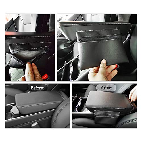 Center Console Cover Armrest Pad Cover with Storage Pockets for Tesla Model 3 2018 2019 2020, Arm Rest Lid Cover Console Pad Scratch Resistance (Black with 2 Pouches)