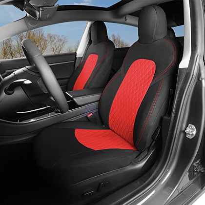 Front Custom Fit Two Tone Red/Black with Quilted Design Fully Wrapped Fabric Cloth Seat Covers for 2017-2022 Tesla Model 3 & Model Y (2 Pieces)
