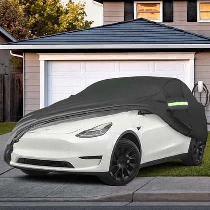 Tesla Model Y Car Cover All-Weather UV Protection Full Exterior Accessories with Charge Port Opening & Ventilated Mesh for Model Y 2020 2021 2022 2023 Gen 2