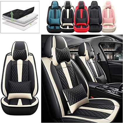 Front Seat Covers with Headrest Backrest Cushions for Chevy Chevrolet Bolt EV EUV Car Seat Cover Luxury PU Leather Comfortable Stylish Black×Beige