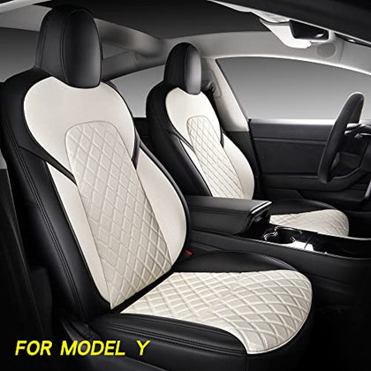 Black/White Full Coverage & Tailored Fit Faux Leather Seat Cover Set (Front & Rear) for Tesla Model Y