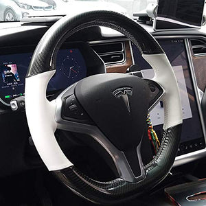 Black Carbon Fiber & White Leather Auto Steering Wheel Cover Hand-Stitch on Wrap Fit for Tesla Model S/Tesla Model X