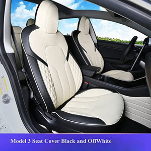 Tesla Model Y 5 Pcs Car Seat Cover Set PU Leather, Fit All Season, Breathable Sweat-Proof, Easy to Clean (Black & Off-White)