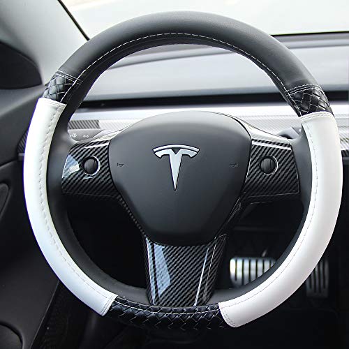 Tesla Model 3 Leather Steering Wheel Cover (Black & White)