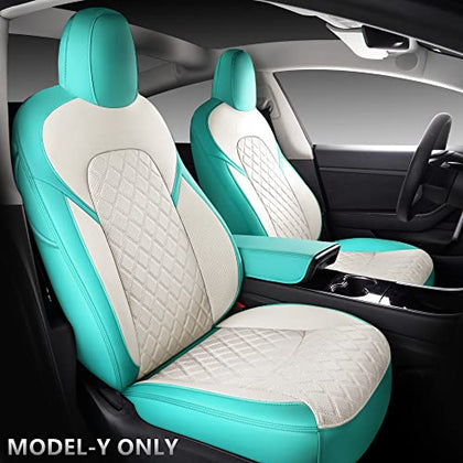 Full Coverage & Tailored Fit Faux Leather Seat Cover Set (Front & Rear) for Tesla Model Y (Tiffany & Blue)