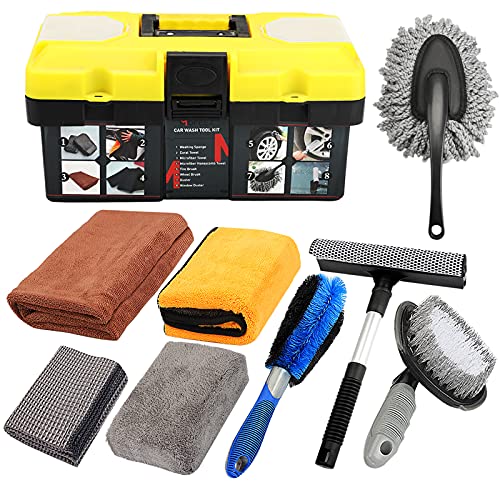 9pcs Car Cleaning Tools Kit Include Tire Brush, Wheel Brush, Wash Mitt Sponge, Big Microfiber Waffle Towels, Window Cleaner Squeegee, Dirt Duster