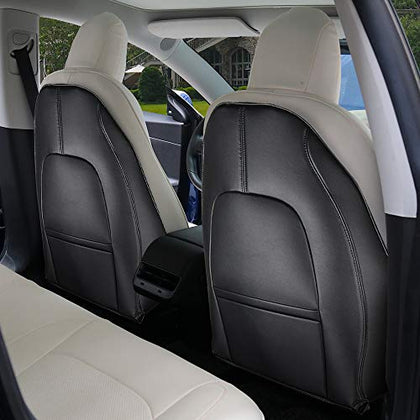 Tesla Model 3 & Y Black Leather Seat Back Kick Protector/Kick Mat with Storage Bag Black (2 Piece Set)