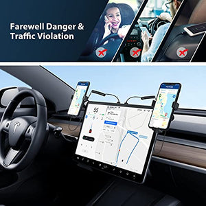 Phone Mount Wired Charger with 2 Adjustable Cellphone Holders for Tesla Model 3 & Y