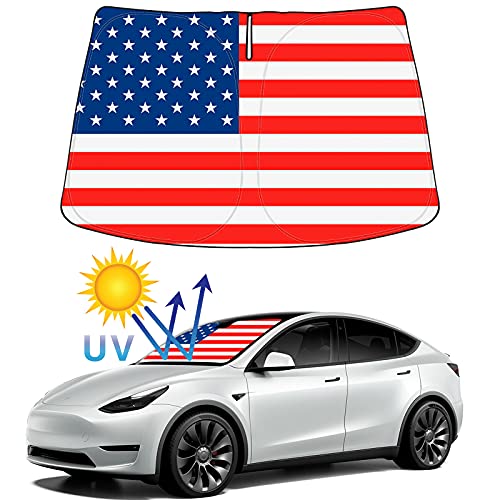 Foldable UV Reflecting Front Windshield Sunshade with Printed American Flag for Tesla Model 3 & Y
