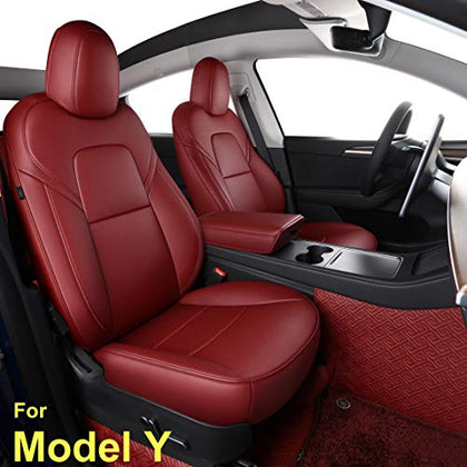 All Weather Synthetic Leather Comfortable Seat Covers for 2020-2022 Tesla Model Y (Wine Red)