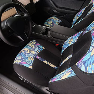 Front Custom Fit Two Tone Black/Tropical Leaves Print Fully Wrapped Fabric Cloth Seat Covers for 2017-2022 Tesla Model 3 & Model Y (2 Pieces)