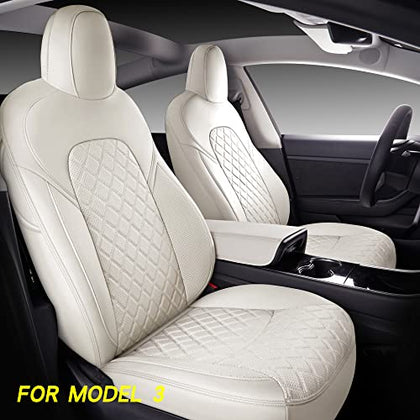 Full Coverage & Tailored Fit Faux Leather Seat Cover Set for Tesla Model 3 (White)