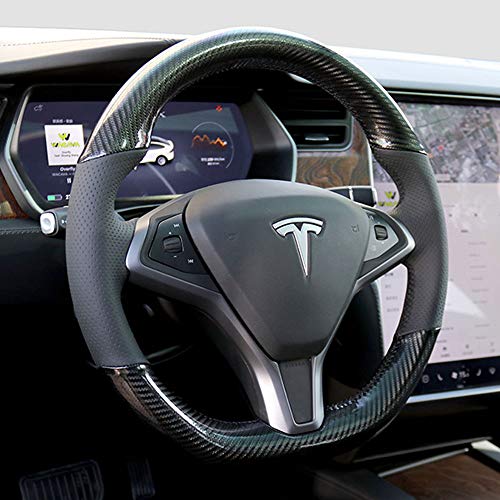 Black Perforated Leather & Carbon Fiber Auto Steering Wheel Cover Hand-Stitch on Wrap Fit for Tesla Model S/Tesla Model X