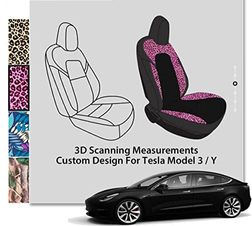 Front Custom Fit Two Tone Black/Pink Leopard Print Fully Wrapped Fabric Cloth Seat Covers for 2017-2022 Tesla Model 3 & Model Y (2 Pieces)
